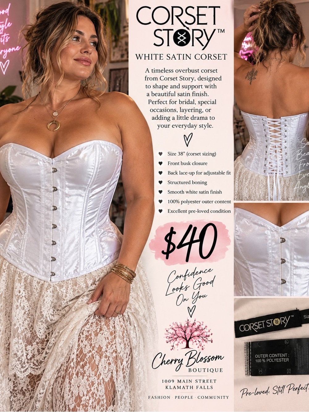 Corset Story White Satin Overbust Corset size 38” (xL-2XL